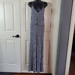 Italy Moda Jumpsuit Striped Blue Sleeveless Belted Size Small Pull-on Stretch
